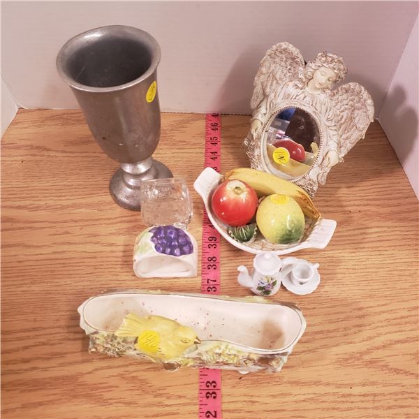 Lot of knick knacks mirror angel with wings fruit (bird has a chip)