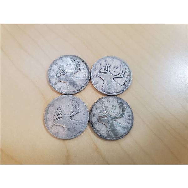 4 Canadian Silver Quarters 1939, 1940, 1941, 1949