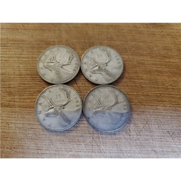 4 Canadian Silver Quarters 1949, 1952, 1952, 1953