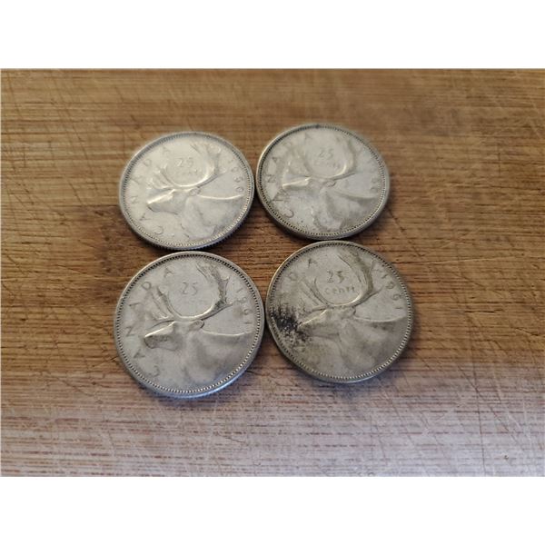 4 Canadian Silver Quarters 1960 x 2, 1961 x 2