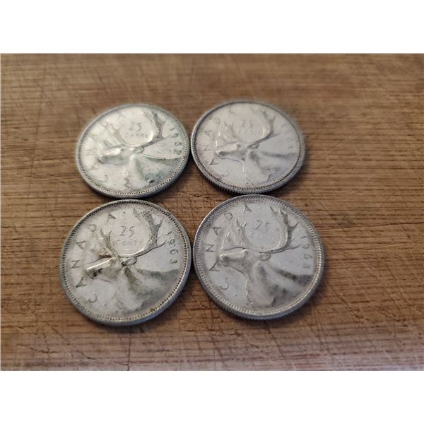 4 Canadian Silver Quarters 1962, 1963 x 3