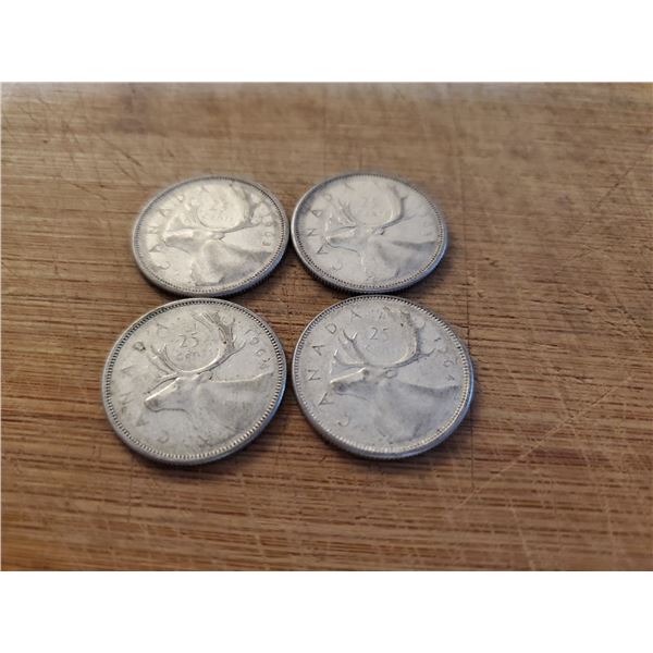4 Canadian Silver Quarters 1963 x 2, 1964 x 2