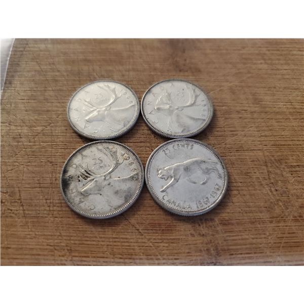 4 Canadian Silver Quarters 1966 x 3, 1967