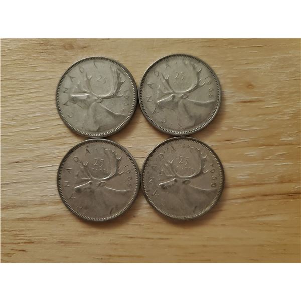 4 Canadian Silver Quarters 1964, 1965 x 2, 1968 (non magnetic)