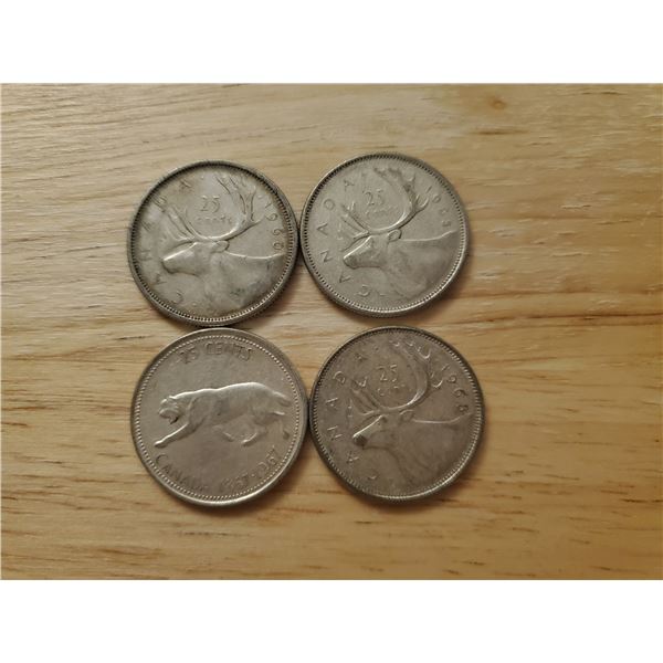 4 Canadian Silver Quarters 1960, 1963, 1967, 1968 (non magnetic)