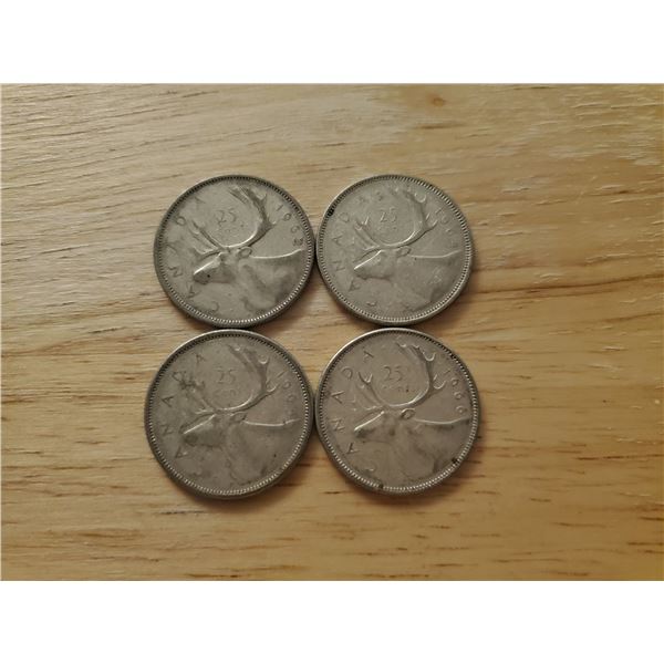 4 Canadian Silver Quarters 1962, 1964 x 2, 1966