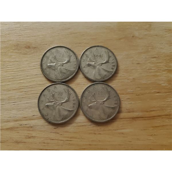 4 Canadian Silver Quarters 1958, 1959, 1961, 1962