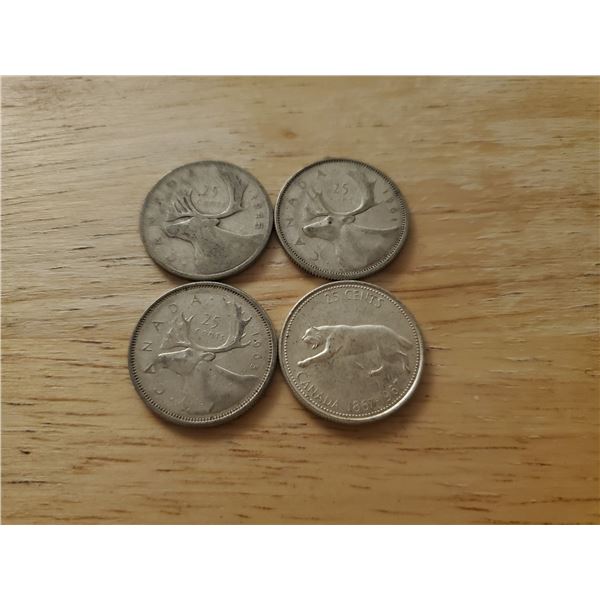 4 Canadian Silver Quarters 1945, 1961, 1963, 1967