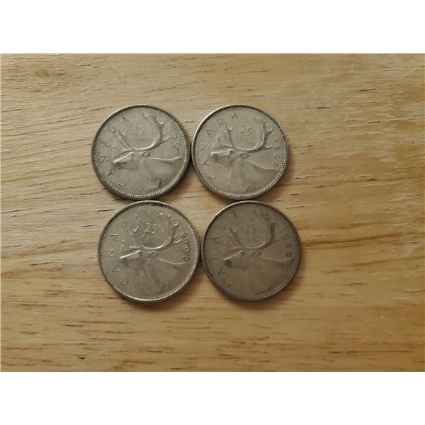 4 Canadian Silver Quarters 1964, 1966, 1968 x 2 (non magnetic)