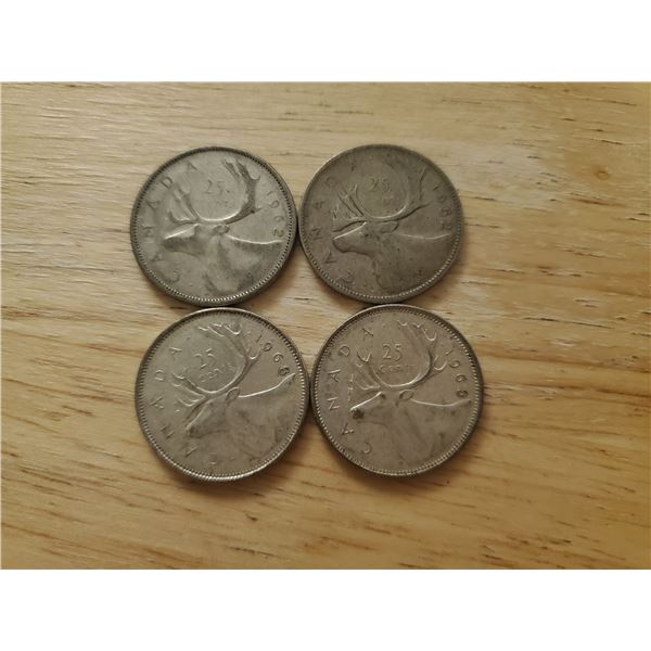 4 Canadian Silver Quarters 1952, 1962, 1968 x 2 (non magnetic)