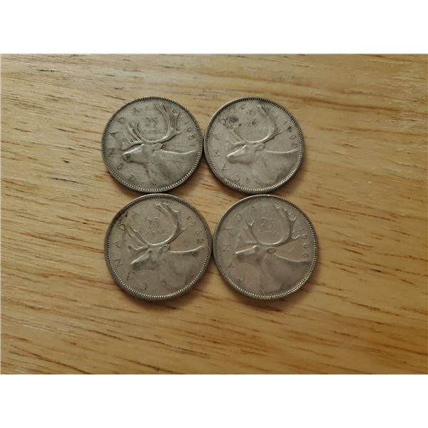 4 Canadian Silver Quarters 1951, 1962 x 2, 1966