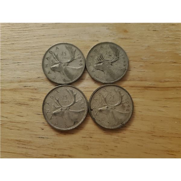 4 Canadian Silver Quarters 1943, 1944, 1966, 1968 (non magnetic)
