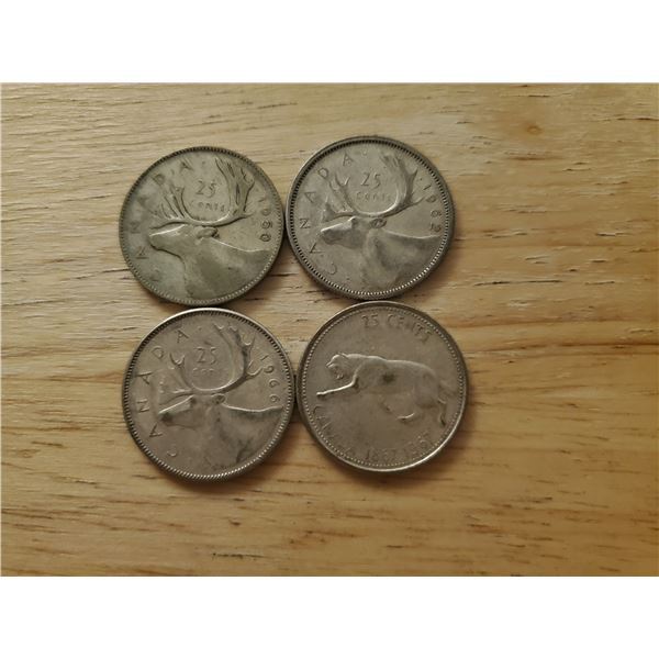 4 Canadian Silver Quarters 1950, 1962, 1966, 1967