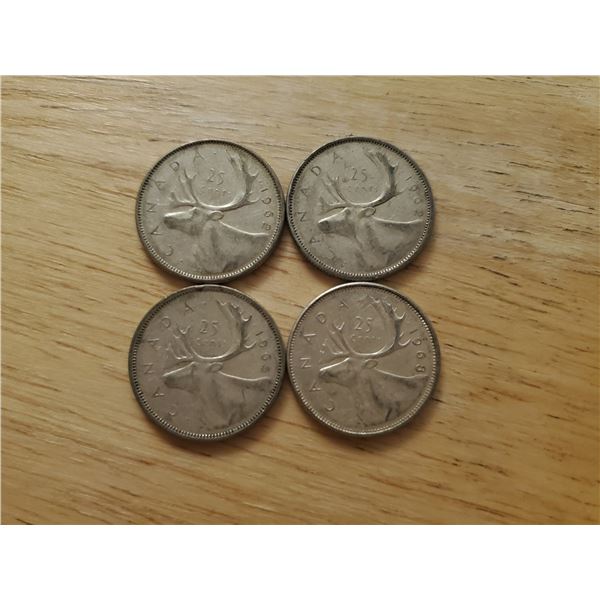 4 Canadian Silver Quarters 1962 x 2, 1965, 1968