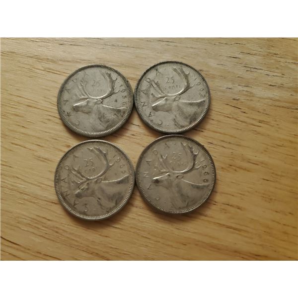 4 Canadian Silver Quarters 1956, 1962, 1965, 1968 (non magnetic)