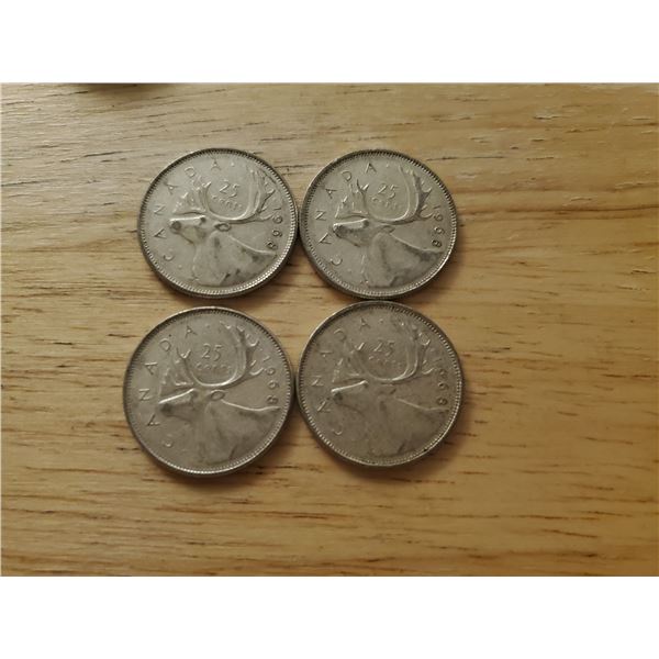 4 Canadian Silver Quarters 1968 x 4 (non magnetic)