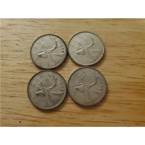 4 Canadian Silver Quarters 1968 x 4 (non magnetic)