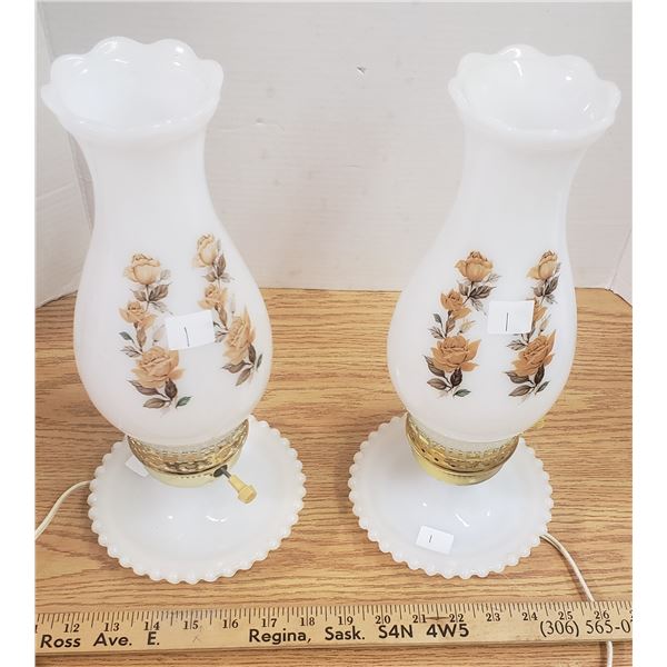Pair Hurricane table lamps milk glass bases