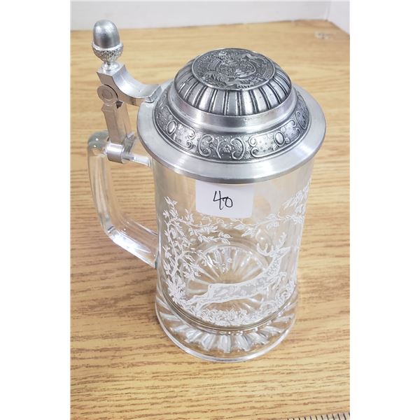 Etched crystal Beer Tankard Pewter lid