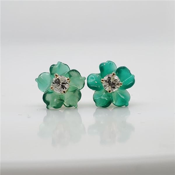 14K Yellow Gold Diamond(0.17Ct,Si2-I1,G-H) Green Agates Earrings (~weight 0.6g), Made in Canada, App