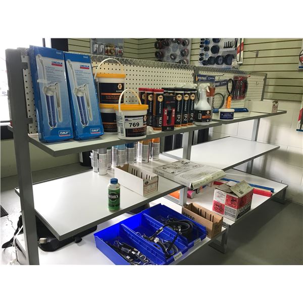 SHELF LOT OF ASSTD ITEMS - GREESE GUNS, GREASE TUBES, GREASE GUN HOSES, FILES, DOR-TITE FOAM SEAL,