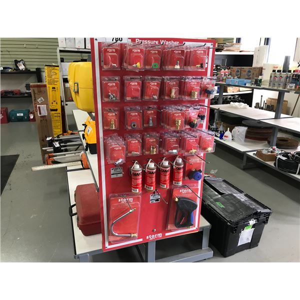 RED RACK OF ASSTD PRESSURE WASHER ACCESSORIES RACK INCLUDED