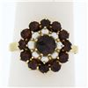Image 1 : Vintage 8k Yellow Gold 1.56 ctw Garnet & Pearl Petite Dual Halo Cluster Ring
