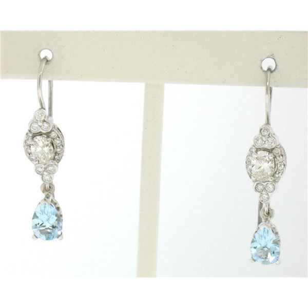 18K Solid White Gold Dangle Drop Earrings w/ an Oval Diamond & Pear Aquamarine