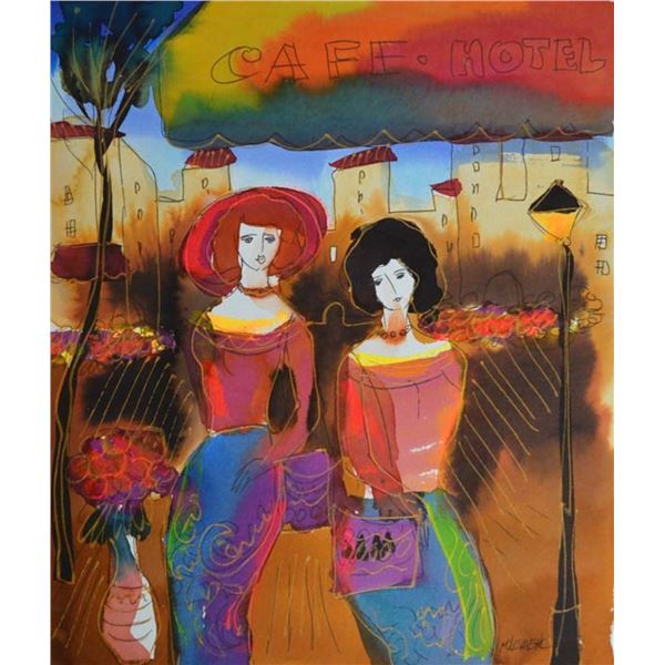 LEIDER ** OUTSIDE THE CAFE ** SIGNED WATERCOLOR