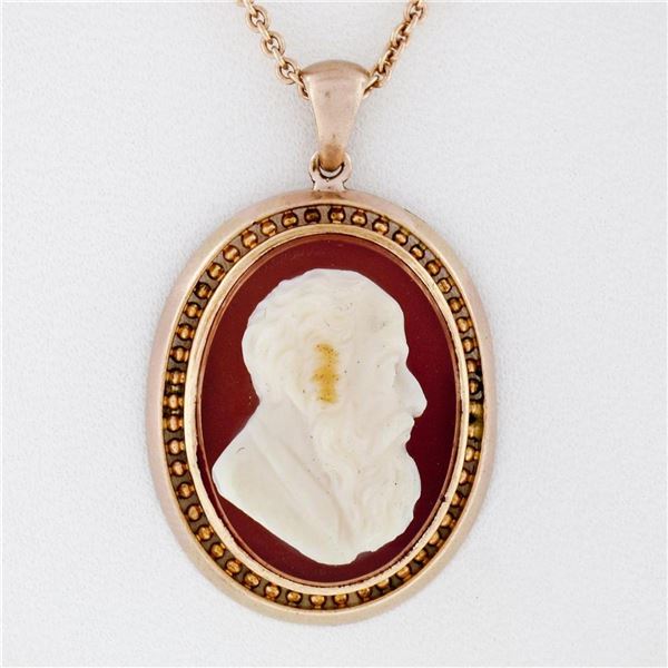 Rare Antique Victorian 14K Rose Gold Raised Carved Agate Cameo Open Work Pendant