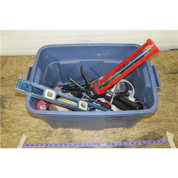 Tub of Carpentry Tools, Caulking Guns, Hammers, level, etc.