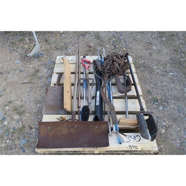 Pallet of Tire Chains and Garden Tools