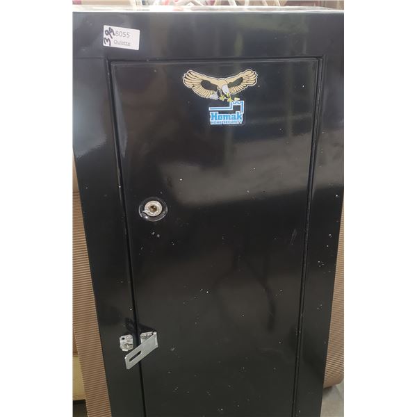 Tall black rifle gun cabinet safe. One lock works with key, one drilled out