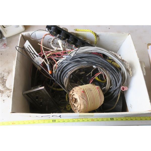 Box of Misc. Wiring, Radioshack Phone, and Wall Adapters