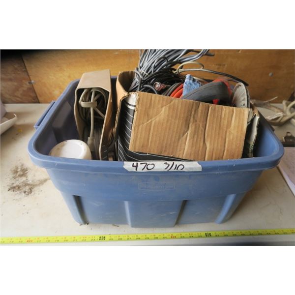 Rubbermaid with Extension Cords, Weed Whip Line, and Heavy Audio Cables