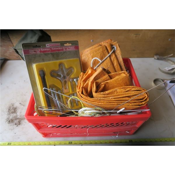 Crate of Misc. Items with Harmonic Balancer Kit and Small Tarp