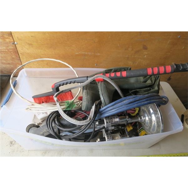 Tub of Misc. items Including Wiring, Liquor Dispenser, Rubber Boots and More!