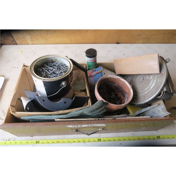 Old Wood Drawer of Misc. Items Including Nails, Fish Hooks, Clay Flower Pot