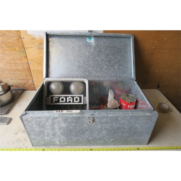 Metal Foot Locker w/ Contents Including A Vice and Ford Tractor Grill