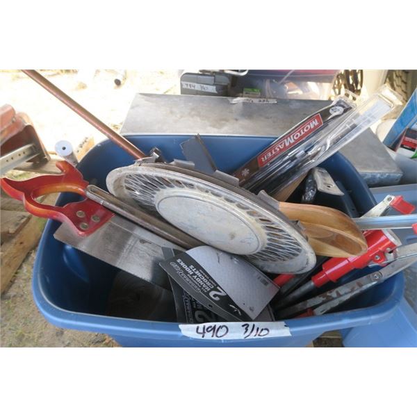 Rubbermaid of Misc. Items including Saw, Tire Irons, Windshield Wipers