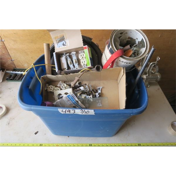 Sterilite Box of Misc. Electrical, Tire Irons and More