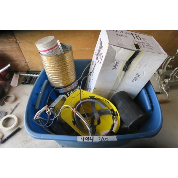 Box of Misc. Items Including Electrical, Bolts, Hardhat, Gloves and More
