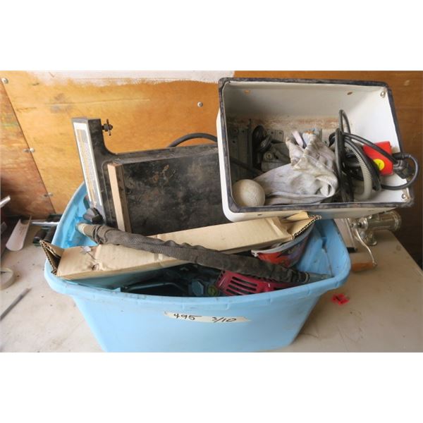 Box of Misc. Items, BBQ Sideburner, Football, Mechanical/Hydrolic Parts