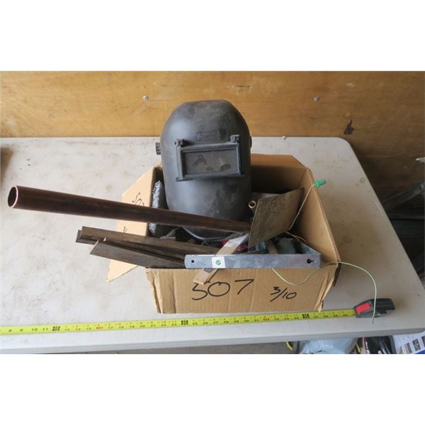 Box of Misc. Items including Copper Pipe & Welding Helmet