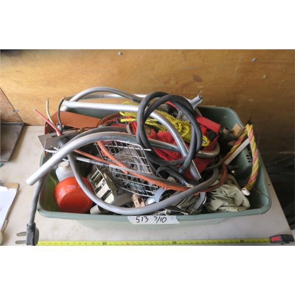 Box of Misc. Items, Rope, Basketball Hoop and More