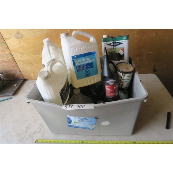 Large Box of Paint Thinner, Stain, and Automotive Oils