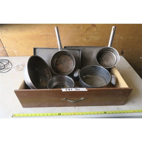 Box of Used Pots, Cookie Sheets, and a Mixing Bowl