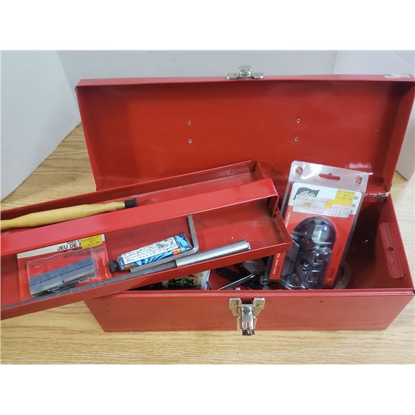 red tool box with some unique tools inside