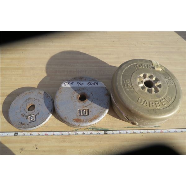1 5LB and 2 10LB Disk Weights, 2 10LB Weight (cracked)