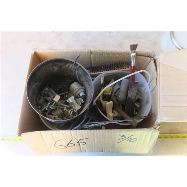 Box of Misc. Items Including Wire Brush, Electrical Bushing and More!